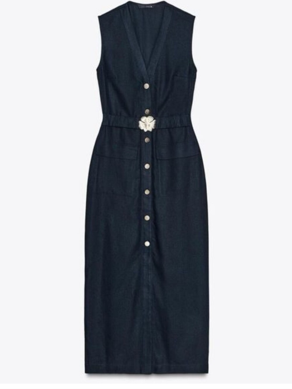 Zara Navy Linen Belted Sleeveless Button-Front Midi Dress with Floral Belt- SZ L